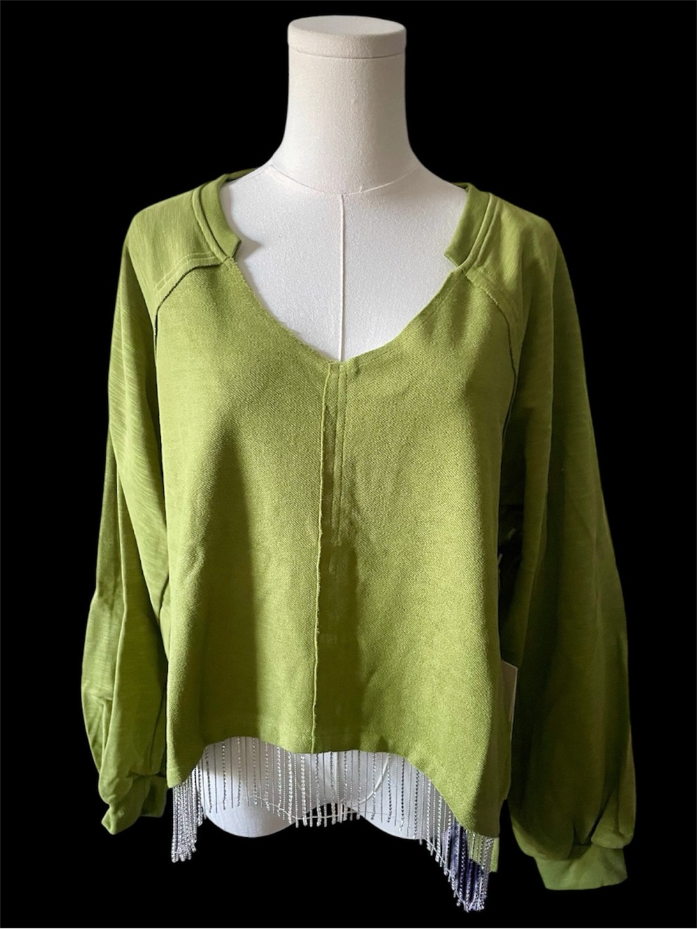 Blue Velvet Olive Rhinestone Fringe Top Boho Festival L NWT - Picture 2 of 12